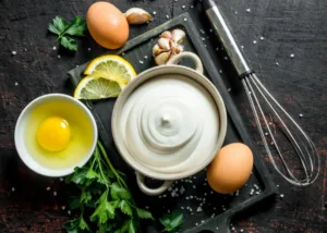 Ingredients for mayonnaise preparation including egg, oil, and lemon, illustrating enzymatic emulsification in food applications of Phospholipase A2