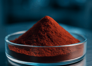 High-purity red phosphorus powder in a transparent laboratory container, set in a cleanroom-like environment. Ideal for advanced applications in flame retardants, semiconductors, and electronic components – supplied by Nagase.