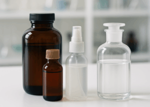 Assorted unlabelled chemical containers on a white laboratory surface, representing common packaging forms for solvents like trans-1,2-dichloroethylene (DCE), used in degreasing and polymer processing.