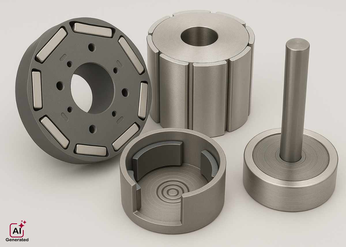 Various electronic components including rotors and stators bonded with magnets—illustrating Nagase Electronics’ Magnet Bonding Adhesive for secure, high-performance assembly in motor and sensor applications.