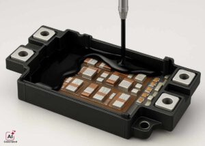 Close-up of an electronic component being encapsulated with Nagase epoxy potting material. The black rectangular casing contains a circuit board with multiple metallic components, while a nozzle applies black liquid epoxy to protect the electronics.