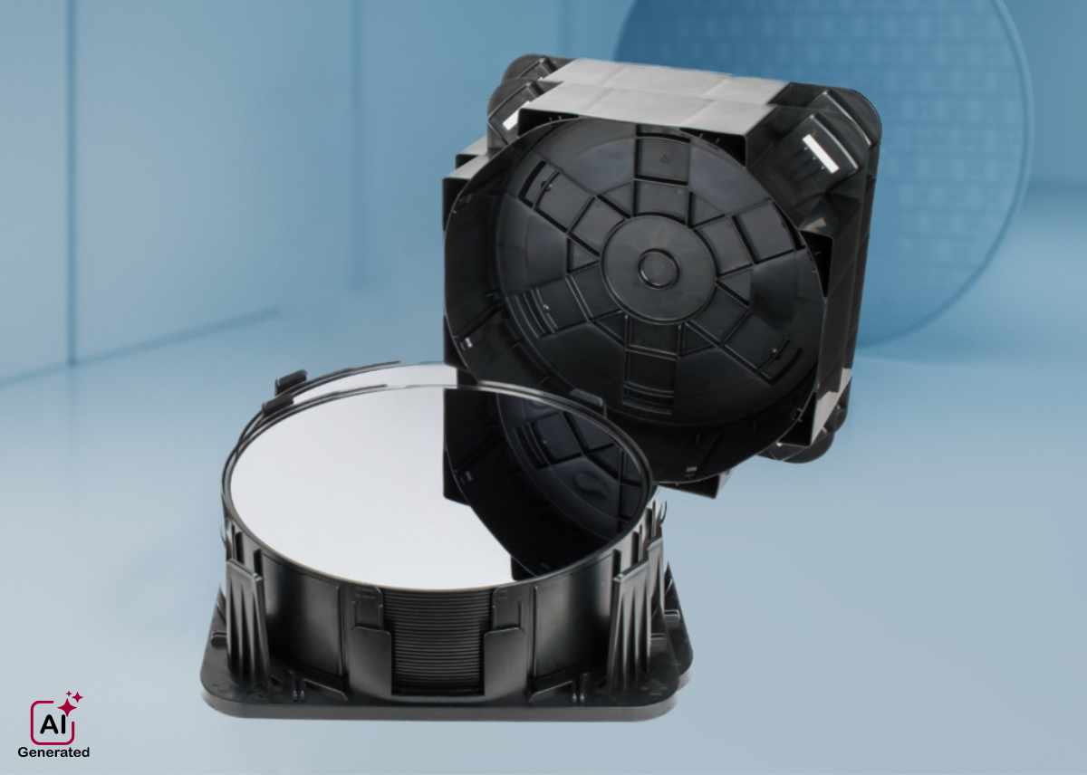 Horizontal Wafer Shipper by Nagase, featuring a black plastic container designed to securely hold and transport silicon wafers. The image shows the shipper with one wafer partially exposed, highlighting the protective structure and secure fit for delicate semiconductor materials.