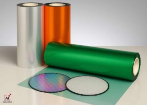 Three rolls of Nagase Electronics Photoresist Dry Film in silver, orange, and green, displayed with semiconductor wafers—illustrating advanced photolithography materials for precision microfabrication in electronics manufacturing.