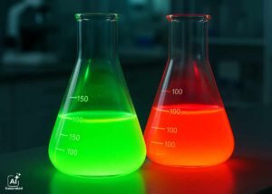 Two Erlenmeyer flasks containing quantum dots photoresist solutions by Nagase, one glowing green and the other glowing red, placed on a laboratory bench with a blurred background of lab equipment and shelves.