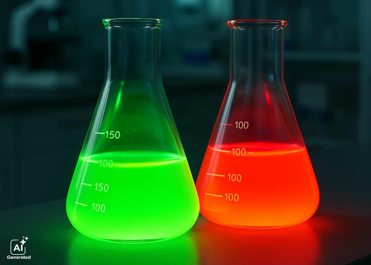 Two Erlenmeyer flasks containing quantum dots photoresist solutions by Nagase, one glowing green and the other glowing red, placed on a laboratory bench with a blurred background of lab equipment and shelves.