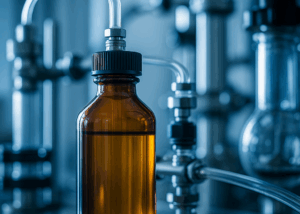 Amber glass bottle integrated into a chemical process line, representing boron tribromide in high-purity synthesis and semiconductor manufacturing – by Nagase