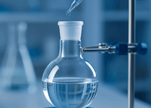 Laboratory setup showing a liquid being added to a round-bottom flask, representing the precision handling of triethyl borate (TEB) supplied by NAGASE for high-purity synthesis applications.