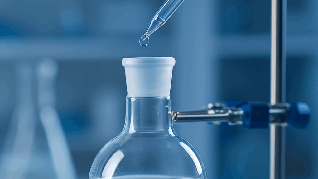 Laboratory setup showing a liquid being added to a round-bottom flask, representing the precision handling of triethyl borate (TEB) supplied by NAGASE for high-purity synthesis applications.