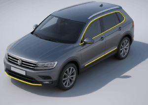 Metallic gray SUV with highlighted exterior parts demonstrating Nippon Ply's J-Bright Film advanced materials for automotive applications by Nagase, enhancing mobility, durability, and design.