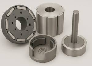 Various electronic components including rotors and stators bonded with magnets—illustrating Nagase Electronics’ Magnet Bonding Adhesive for secure, high-performance assembly in motor and sensor applications.