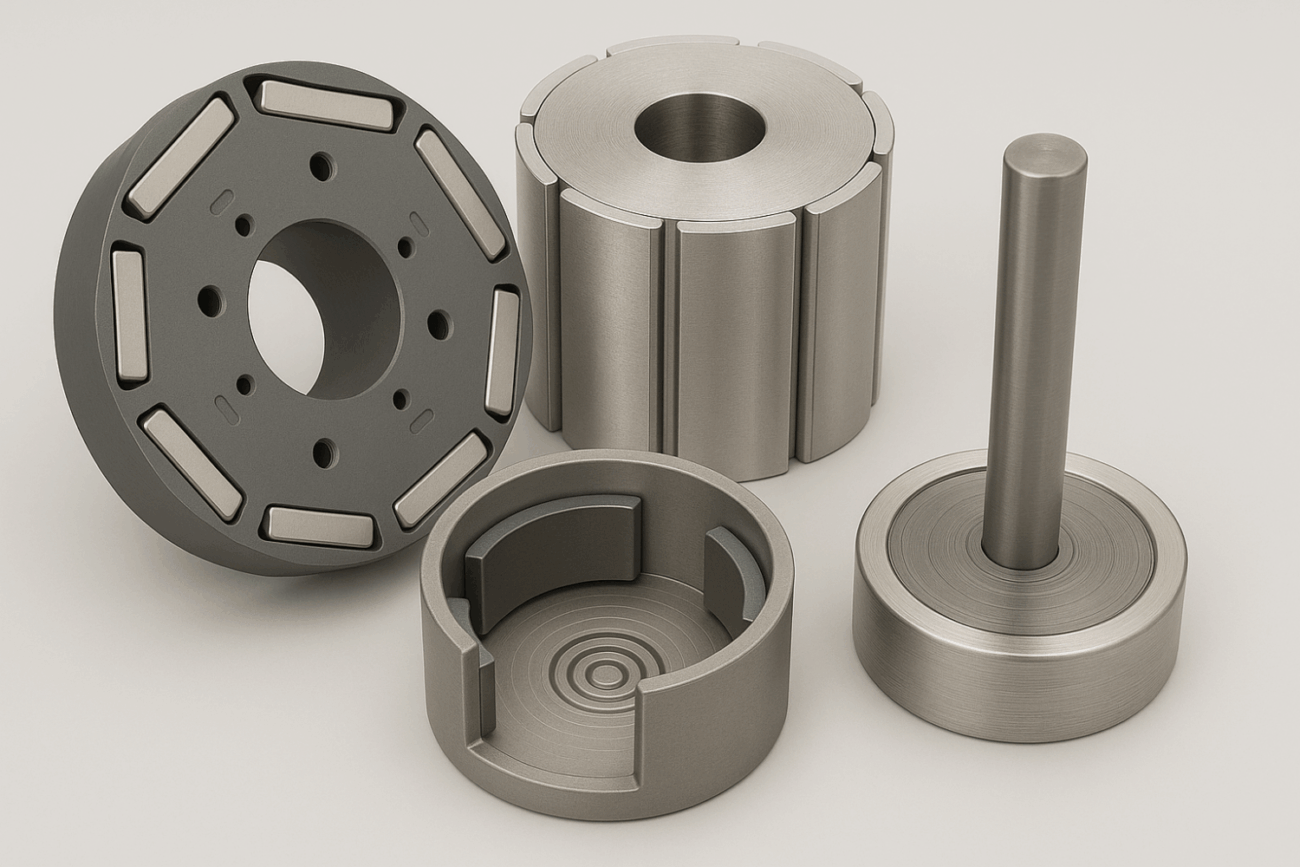 Various electronic components including rotors and stators bonded with magnets—illustrating Nagase Electronics’ Magnet Bonding Adhesive for secure, high-performance assembly in motor and sensor applications.