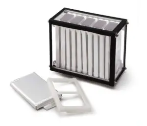 DNP-Pic-3-300×258 Battery module containing multiple laminated pouch cells, demonstrating the scalable integration of pouch-type lithium-ion batteries in EV systems, supplied by NAGASE.