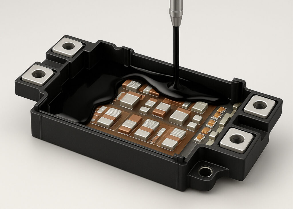 Close-up of an electronic component being encapsulated with Nagase epoxy potting material. The black rectangular casing contains a circuit board with multiple metallic components, while a nozzle applies black liquid epoxy to protect the electronics.
