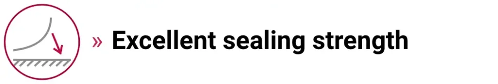 Excellent-Sealing-Strength Icon of compressed layers with sealing indication, representing strong seal integrity of the pouch film.