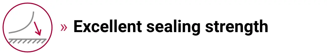 Icon of compressed layers with sealing indication, representing strong seal integrity of the pouch film.