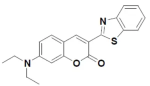 Structure of Coumarin6 dye from Nagase, a blue-emitting fluorescent compound with excitation at 365 nm and emission at 430 nm – suited for cell imaging and FRET applications.