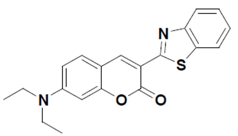 Structure of Coumarin6 dye from Nagase, a blue-emitting fluorescent compound with excitation at 365 nm and emission at 430 nm – suited for cell imaging and FRET applications.