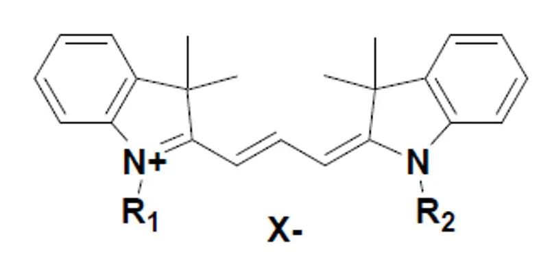 Chemical structure of Cy3 analog developed by Nagase, exhibiting excitation at 552 nm and emission at 565 nm – ideal for fluorescence labeling and multiplex assays.