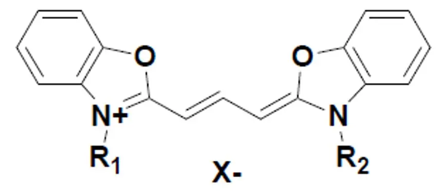 Structure of DiO-C5(3) analog functional dye by Nagase, with excitation at 482 nm and emission at 497 nm, commonly applied in membrane labeling and cell tracking.