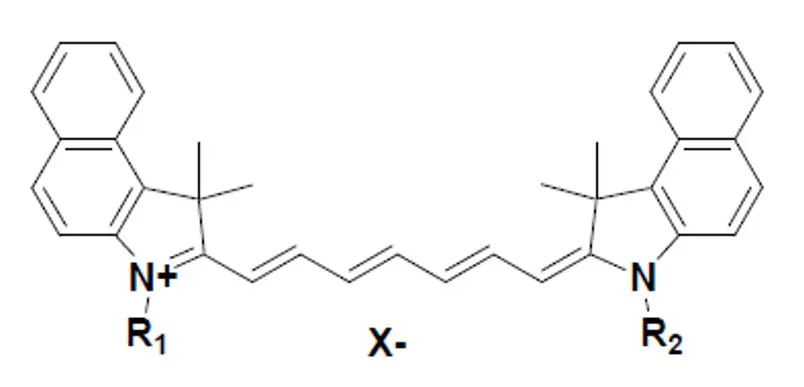 Chemical structure of ICG analog dye from Nagase, optimized for near-infrared fluorescence with excitation at 774 nm and emission at 805 nm for deep tissue imaging applications.