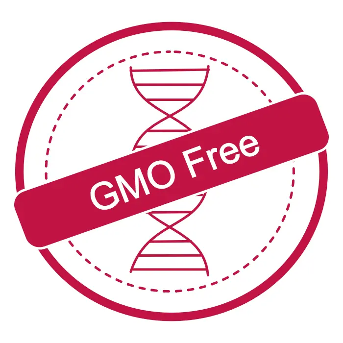 Badge icon labeled GMO-Free, representing food ingredients developed without genetically modified organisms