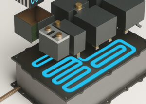 3D-rendered automotive thermal management system featuring Nagase Mobility’s Gap Filler—advanced material solution for efficient heat dissipation and reliable thermal conductivity in next-generation vehicle electronics.