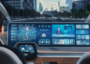 Futuristic autonomous car interior with wide digital dashboard display, representing Nagase PMMA/PC Sheet for mobility, delivering durability, clarity, and safety for next-generation automotive glazing and displays.