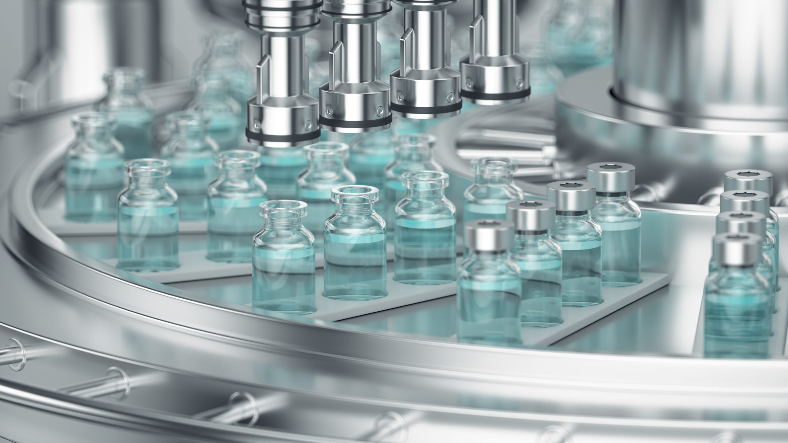 Automated machinery filling bottles representing Bulk OEM Material by Nagase. The image showcases the precision and efficiency of the pharmaceutical manufacturing process..