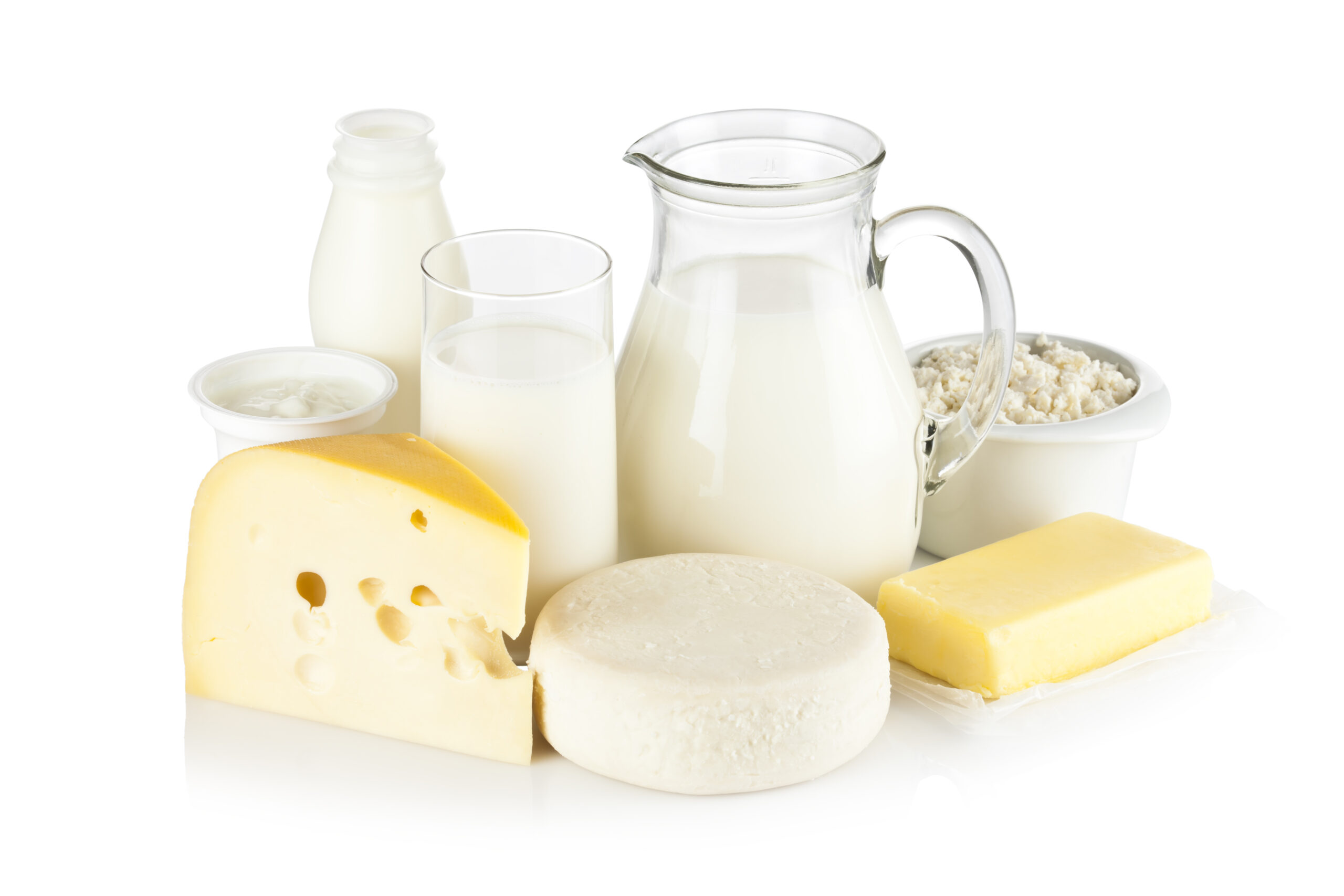 Diverse diary products on a white table, representing dairy processing and the enzymatic use of lactase for lactose-free or lactose-reduced milk products