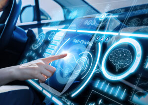 Futuristic automotive dashboard with holographic display and touch interface, illustrating Nagase Mobility’s Optical Film—metal-free, sensor-compatible surface material designed for seamless integration in RADAR, LIDAR, and HUD systems of next-generation vehicles.