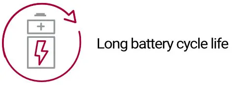 Long-Battery-Cycle-Life Battery with lightning icon illustrating extended battery lifespan through many charge cycles.