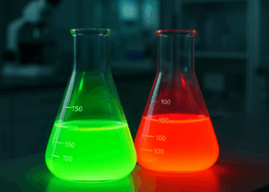 Two Erlenmeyer flasks containing quantum dots photoresist solutions by Nagase, one glowing green and the other glowing red, placed on a laboratory bench with a blurred background of lab equipment and shelves.