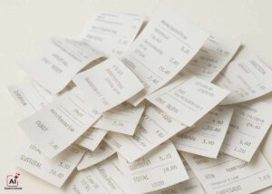 Scattered thermal paper receipts printed in crisp black ink—demonstrating the effectiveness of DPS (Diphenyl Sulfone) Sensitizer in enhancing print clarity and durability for commercial printing applications by Nagase.