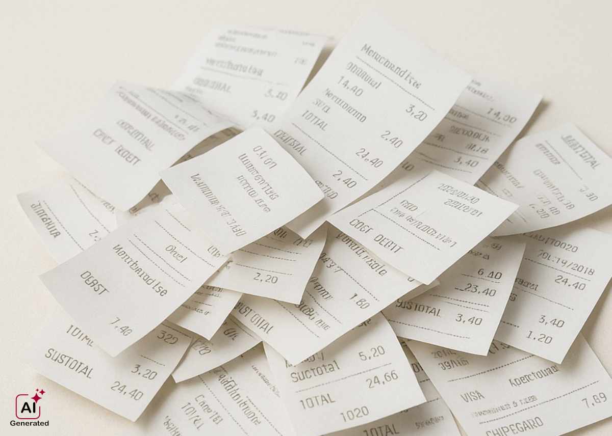 Scattered thermal paper receipts printed in crisp black ink—demonstrating the effectiveness of DPS (Diphenyl Sulfone) Sensitizer in enhancing print clarity and durability for commercial printing applications by Nagase.
