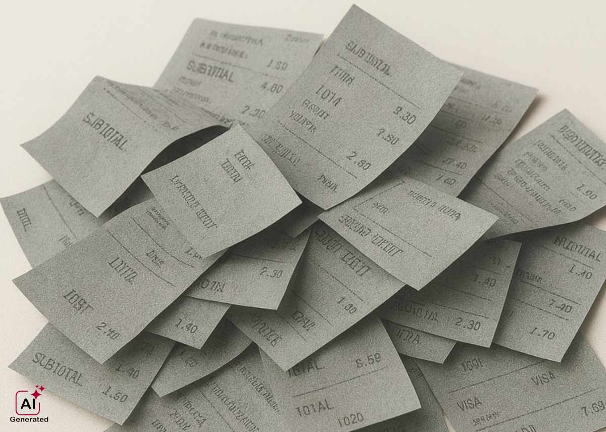 Gray thermal paper receipts printed with sharp black text—showcasing the performance of Developer UU by Nagase in producing high-contrast, durable prints for commercial printing applications.