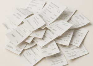 Scattered thermal paper receipts printed in crisp black ink—demonstrating the effectiveness of DPS (Diphenyl Sulfone) Sensitizer in enhancing print clarity and durability for commercial printing applications by Nagase.