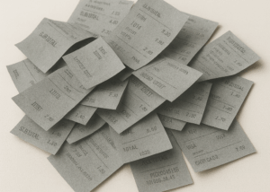 Gray thermal paper receipts printed with sharp black text—showcasing the performance of Developer UU by Nagase in producing high-contrast, durable prints for commercial printing applications.
