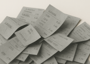 Gray thermal paper receipts printed with sharp black text—showcasing the performance of Developer UU by Nagase in producing high-contrast, durable prints for commercial printing applications.