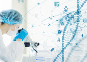 Scientists in a high-tech laboratory handling microscopes and test tubes, with digital DNA strands and molecular graphics—representing Nagase’s CDMO peptides capabilities in precision-driven biopharmaceutical development and peptide synthesis.