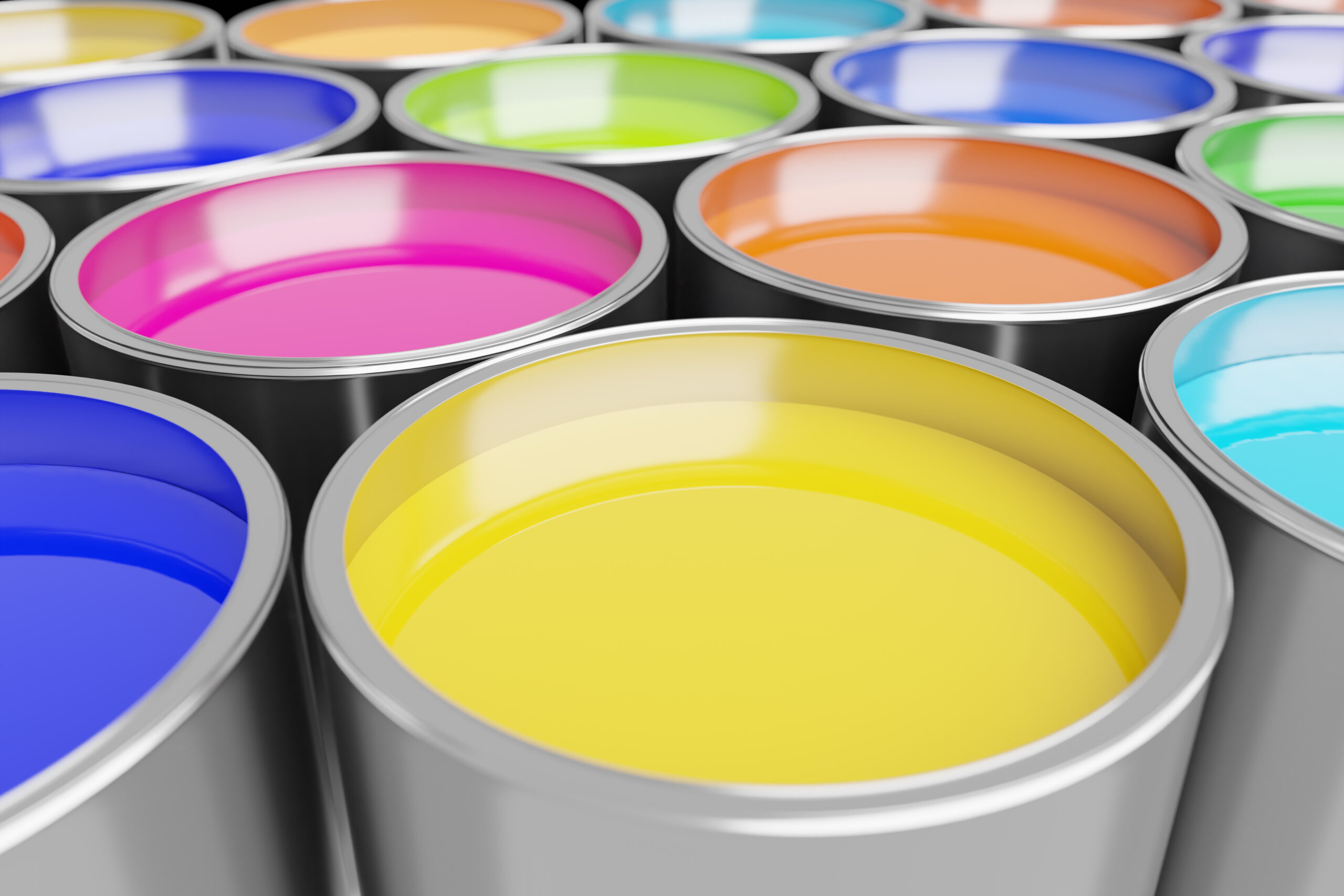 Colorful paint cans, showcasing coatings enhanced by Nagase aluminum paste for improved brilliance, durability, and performance in advanced paint and coating applications.
