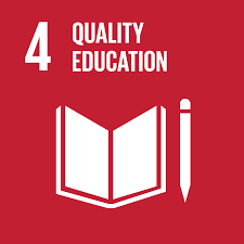 SDG4 UN Sustainable Development Goal 4: Quality Education – red icon with open book and pencil symbol.