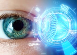 Close-up of a human eye with a digital anatomical overlay, symbolizing advanced ophthalmic technology. MPC Polymer for Eye Care by Nagase Pharma supports innovative solutions for eye health and vision protection.
