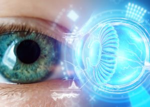 Close-up of a human eye with a digital anatomical overlay, symbolizing advanced ophthalmic technology. MPC Polymer for Eye Care by Nagase Pharma supports innovative solutions for eye health and vision protection.