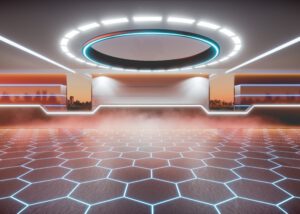 Futuristic hexagonal floor structure illuminated with glowing lines, symbolizing PMSQ silicone microparticles from Nagase for advanced plastics and compounds with enhanced durability, optical clarity, and performance.