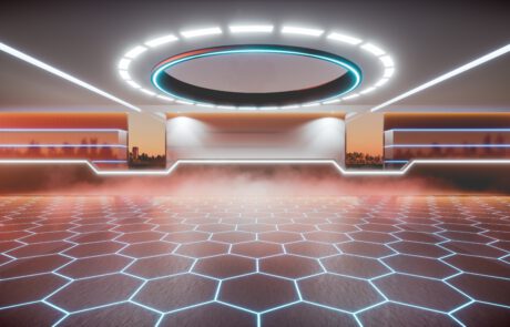 Futuristic hexagonal floor structure illuminated with glowing lines, symbolizing PMSQ silicone microparticles from Nagase for advanced plastics and compounds with enhanced durability, optical clarity, and performance.