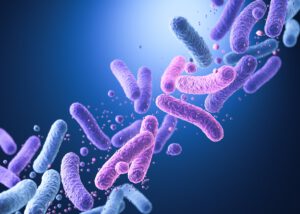 3D illustration of beneficial bacteria in vibrant blue and purple colors, representing Trehalose 100PH by Nagase for pharmaceuticals, a stabilizer that enhances cell protection, drug delivery, and biopharmaceutical formulations.
