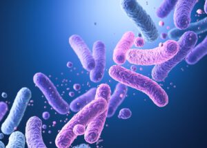 3D illustration of beneficial bacteria in vibrant blue and purple colors, representing Trehalose 100PH by Nagase for pharmaceuticals, a stabilizer that enhances cell protection, drug delivery, and biopharmaceutical formulations.