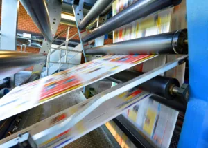 High-speed offset printing press producing colorful prints using specialty printing materials from NAGASE