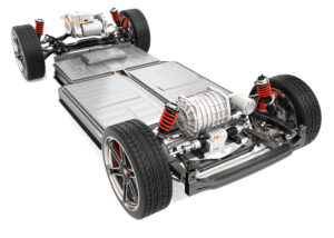 High-resolution illustration of an electric vehicle chassis showing the integrated battery pack, electric drive system, and the role of silicone foam rubber sealing for protection and insulation.