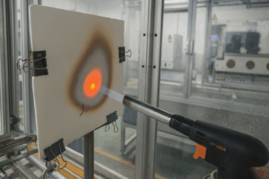 Laboratory test of SUphip core material showing flame resistance and thermal stability under high-temperature torch exposure, demonstrating heat insulation performance for advanced material applications.
